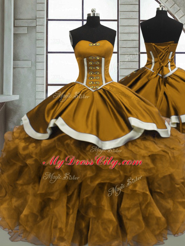 Cute Yellow 15th Birthday Dress Prom and Sweet 16 and Quinceanera with Beading and Ruffles Sweetheart Sleeveless Lace Up