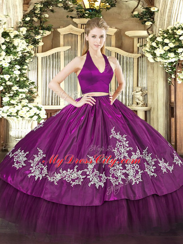 Stunning Taffeta Halter Top Sleeveless Zipper Appliques Quinceanera Gowns in Fuchsia