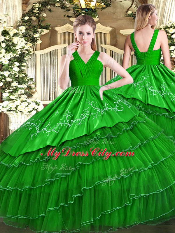 Dazzling Satin and Organza Sleeveless Floor Length Quinceanera Dress and Embroidery and Ruffled Layers