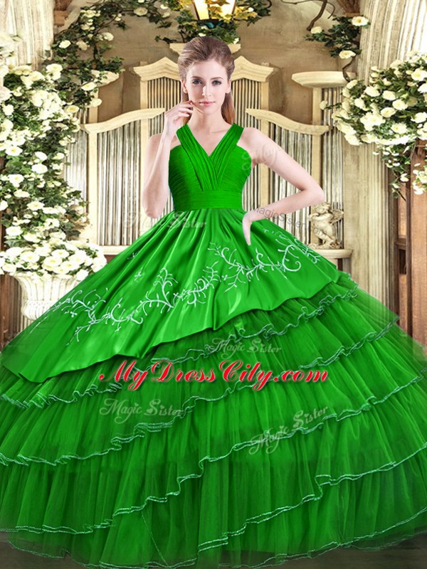 Dazzling Satin and Organza Sleeveless Floor Length Quinceanera Dress and Embroidery and Ruffled Layers