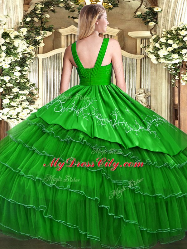 Dazzling Satin and Organza Sleeveless Floor Length Quinceanera Dress and Embroidery and Ruffled Layers