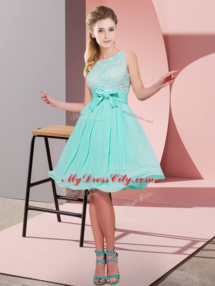 Attractive Apple Green Side Zipper Wedding Guest Dresses Lace and Bowknot Sleeveless Knee Length