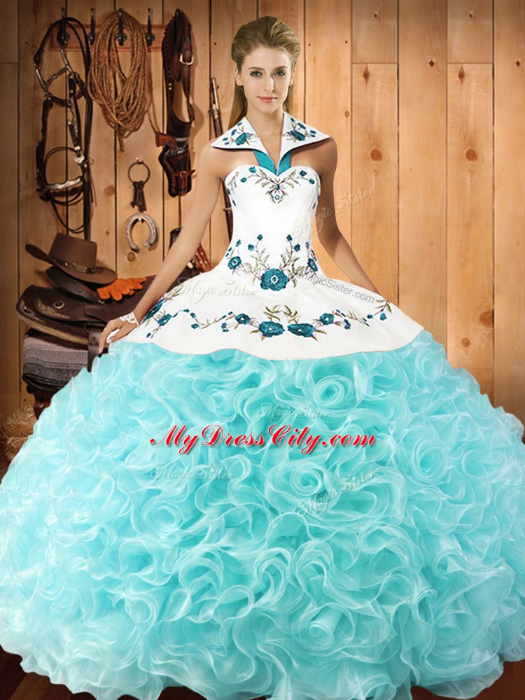 Aqua Blue Halter Top Lace Up Embroidery Quinceanera Gowns Sleeveless