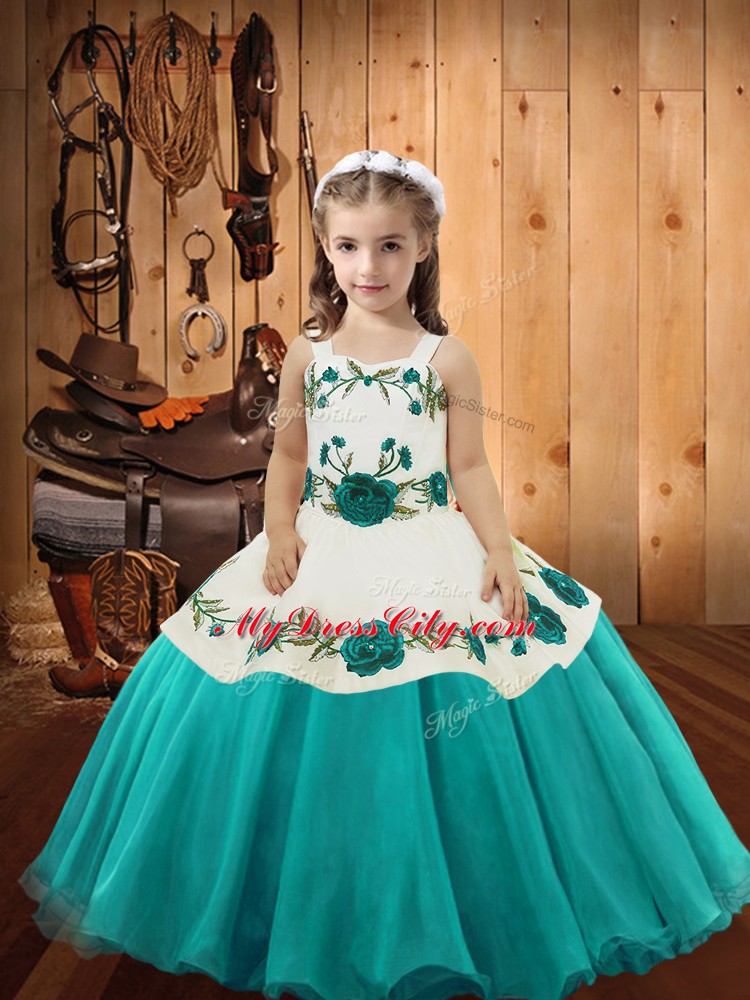 New Style Aqua Blue High School Pageant Dress Sweet 16 and Quinceanera with Embroidery Straps Sleeveless Lace Up