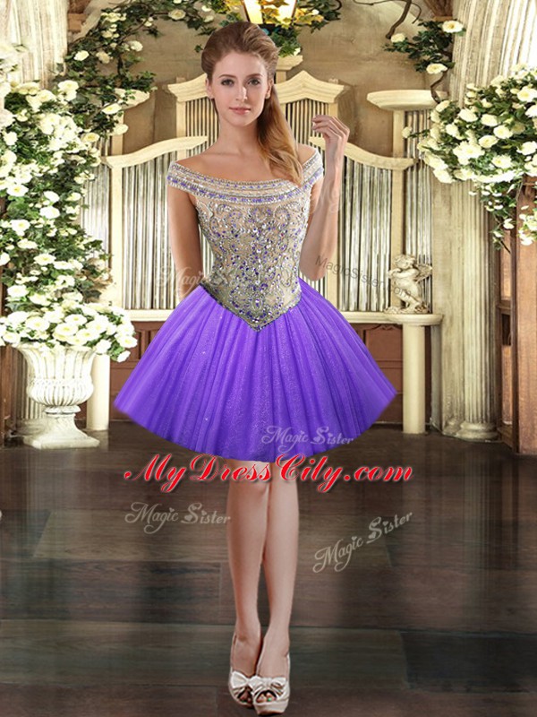 Elegant Mini Length Lavender Homecoming Dress Tulle Sleeveless Beading