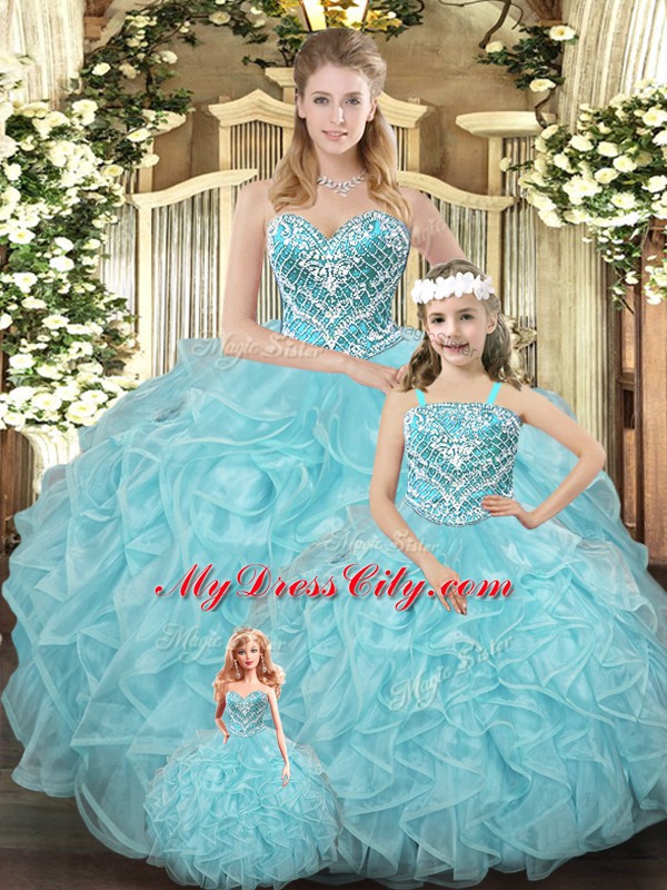 Custom Design Sleeveless Organza Floor Length Lace Up Sweet 16 Quinceanera Dress in Aqua Blue with Beading and Ruffles