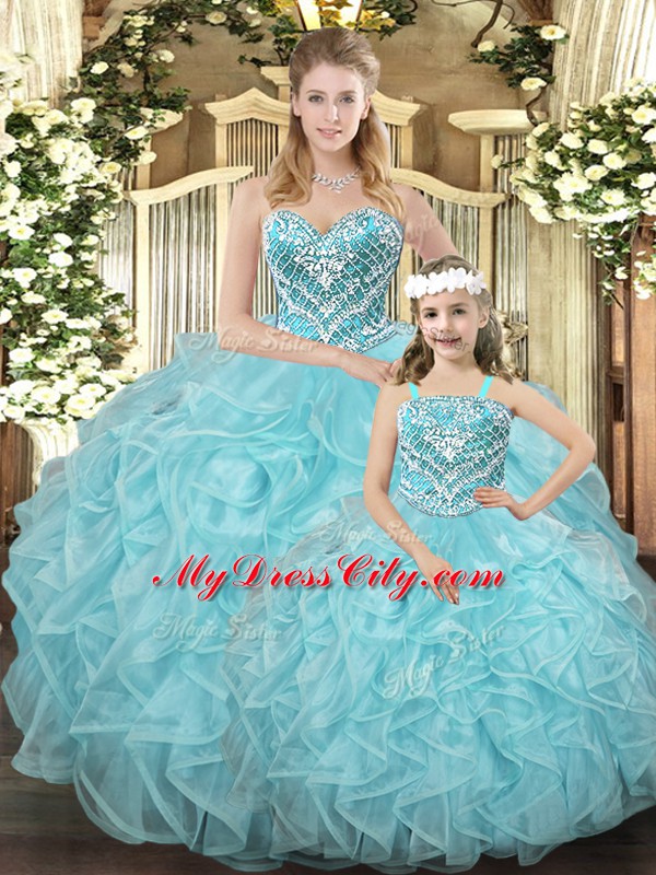 Custom Design Sleeveless Organza Floor Length Lace Up Sweet 16 Quinceanera Dress in Aqua Blue with Beading and Ruffles