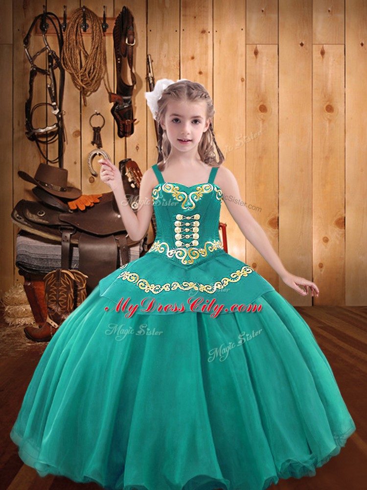 Super Ball Gowns Pageant Dress Womens Teal Straps Organza Sleeveless Lace Up