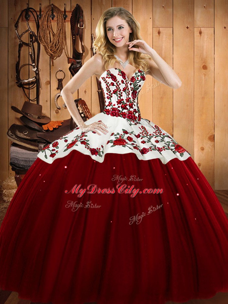 Romantic Sweetheart Sleeveless Sweet 16 Dress Floor Length Embroidery Wine Red Satin and Tulle