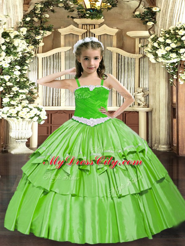 Top Selling Straps Sleeveless Organza Kids Pageant Dress Appliques and Ruffled Layers Lace Up