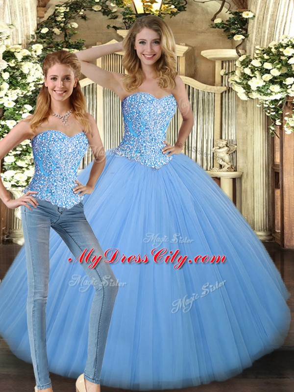 Baby Blue Tulle Lace Up Quince Ball Gowns Sleeveless Floor Length Beading