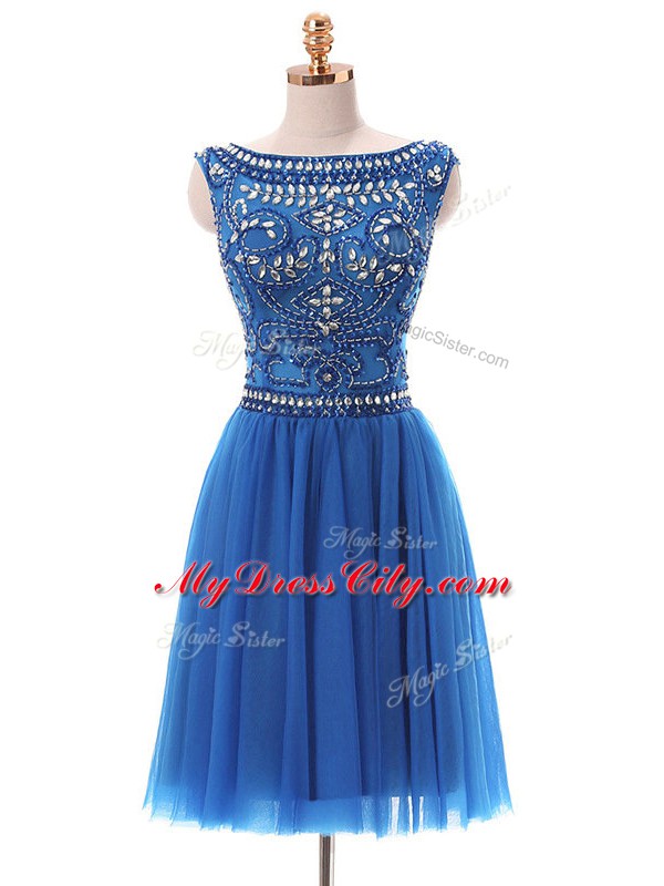 Mini Length Blue Dress for Prom Bateau Sleeveless Zipper