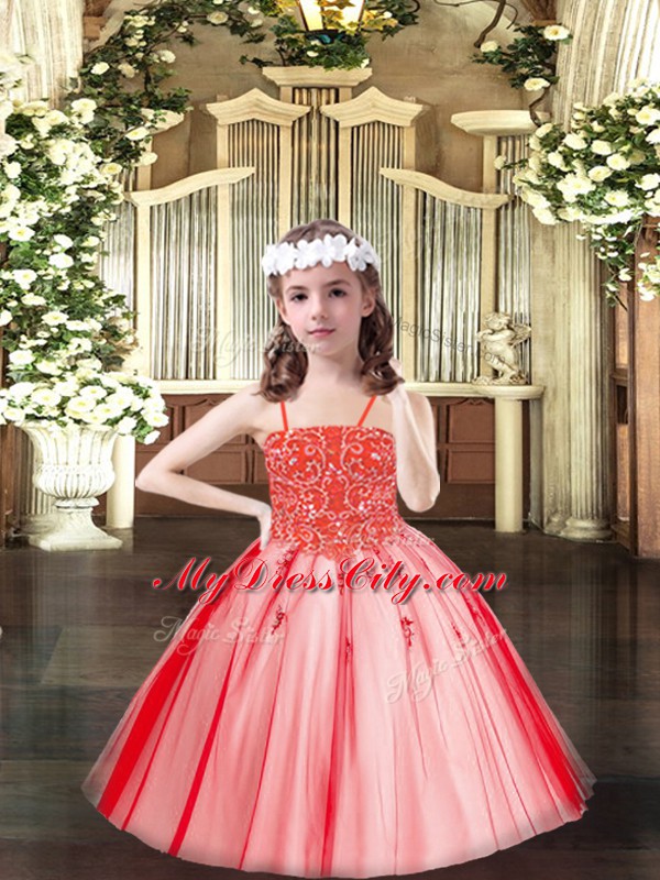 Excellent Tulle Spaghetti Straps Sleeveless Lace Up Beading Child Pageant Dress in Coral Red