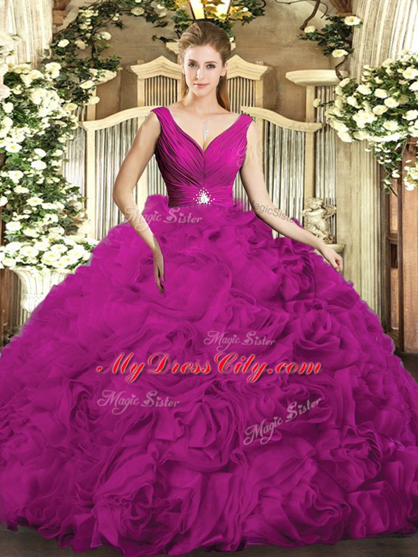 Glittering Fuchsia V-neck Backless Beading and Ruching Quince Ball Gowns Sleeveless