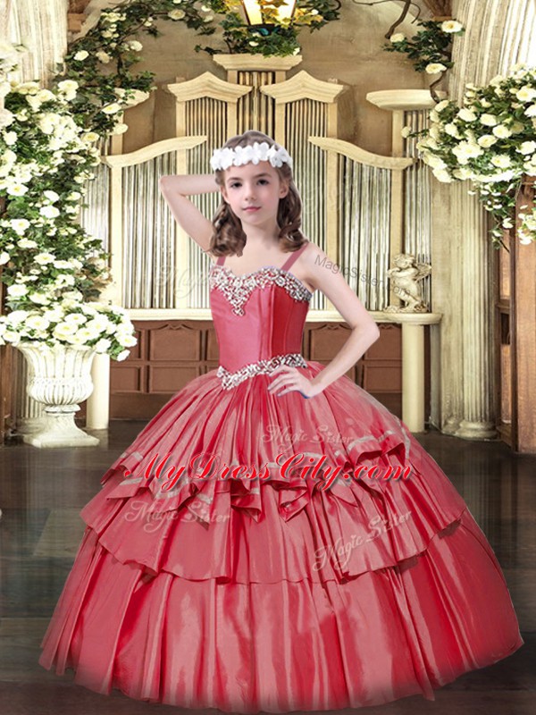 Coral Red Sleeveless Floor Length Beading and Ruffled Layers Lace Up Pageant Dress