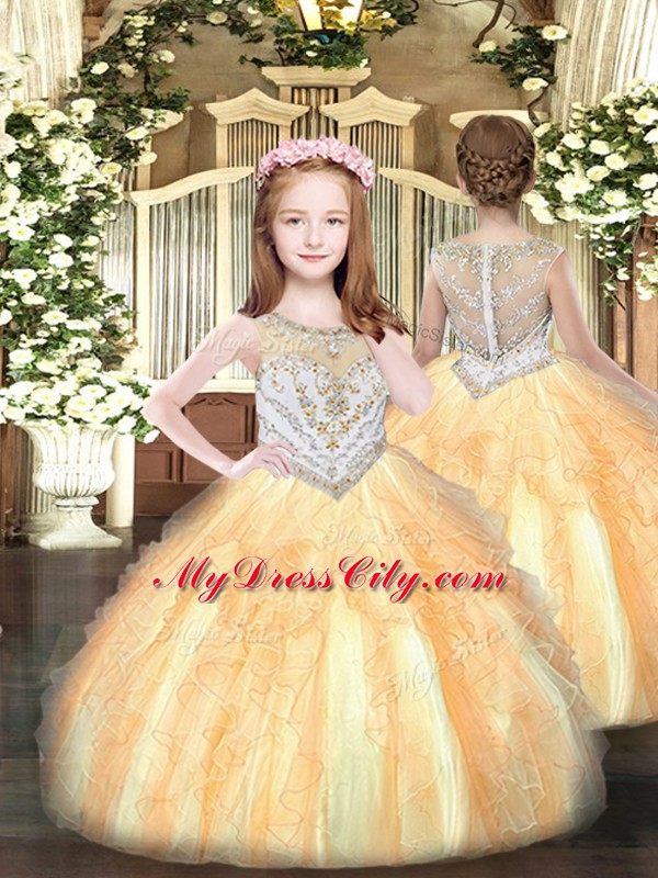 Graceful Floor Length Ball Gowns Sleeveless Gold Girls Pageant Dresses Zipper