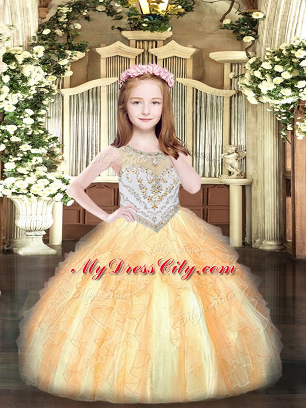 Graceful Floor Length Ball Gowns Sleeveless Gold Girls Pageant Dresses Zipper