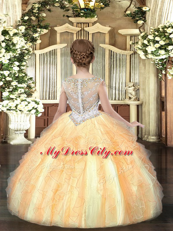 Graceful Floor Length Ball Gowns Sleeveless Gold Girls Pageant Dresses Zipper