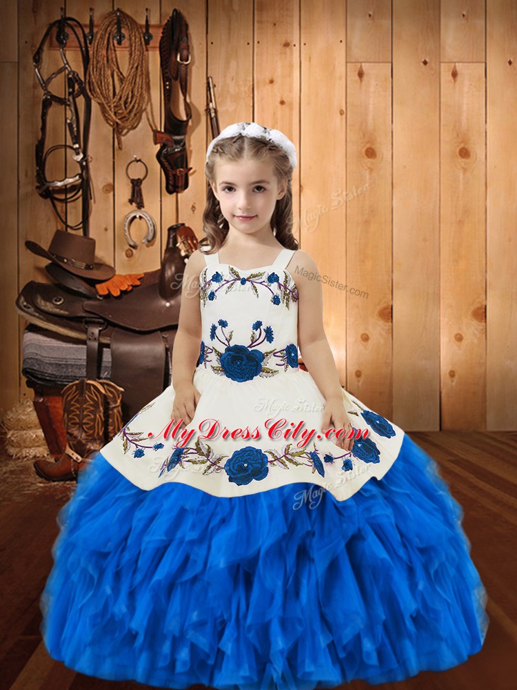 Straps Sleeveless Lace Up Girls Pageant Dresses Blue Organza