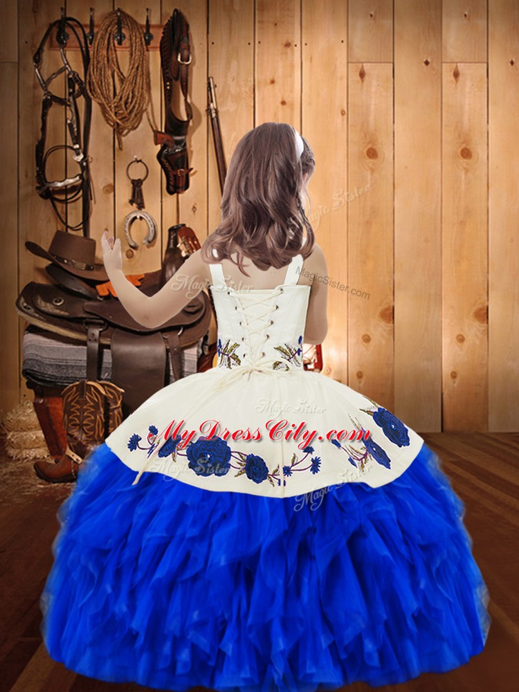 Straps Sleeveless Lace Up Girls Pageant Dresses Blue Organza