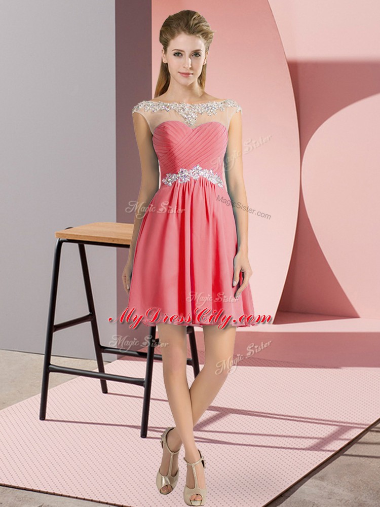 Ideal Watermelon Red Scoop Neckline Beading Prom Gown Cap Sleeves Lace Up