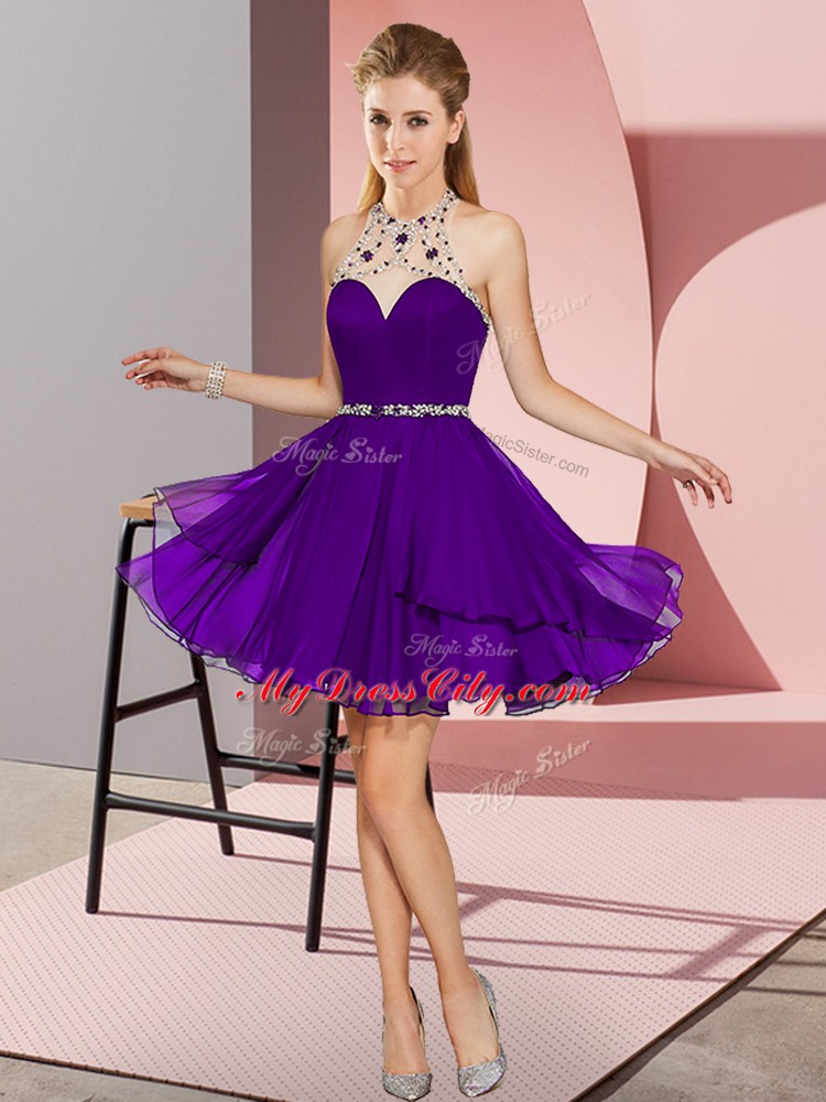 Empire Prom Party Dress Purple Halter Top Chiffon Sleeveless Mini Length Zipper