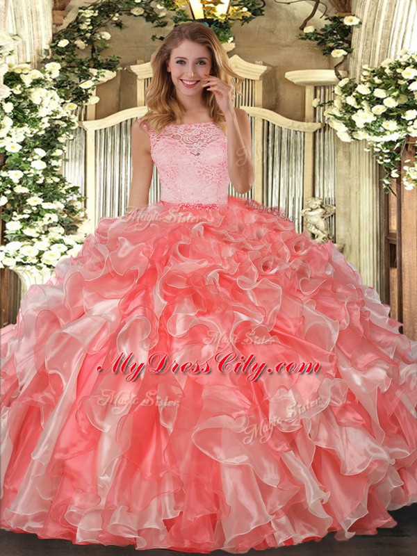 Scoop Sleeveless Sweet 16 Quinceanera Dress Floor Length Lace and Ruffles Coral Red Organza