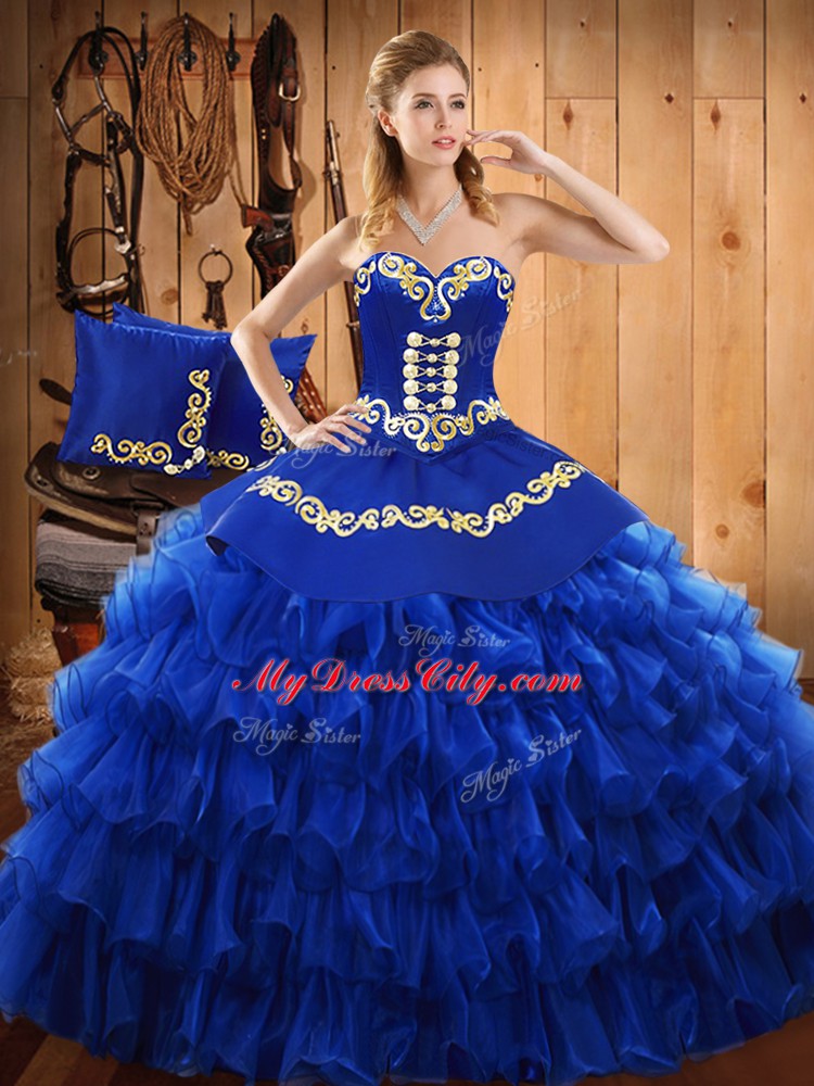 Custom Fit Sleeveless Satin and Organza Floor Length Lace Up 15 Quinceanera Dress in Blue with Embroidery and Ruffled Layers