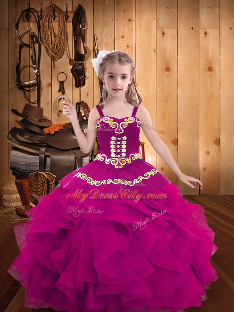 Fuchsia Ball Gowns Straps Sleeveless Organza Floor Length Lace Up Embroidery and Ruffles Custom Made Pageant Dress