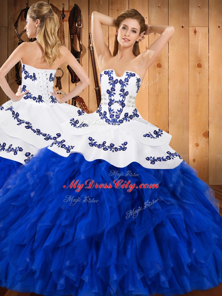 Cheap Blue And White Satin and Organza Lace Up Strapless Sleeveless Floor Length Sweet 16 Quinceanera Dress Embroidery and Ruffles