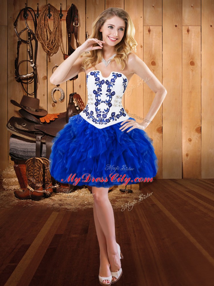 Cheap Blue And White Satin and Organza Lace Up Strapless Sleeveless Floor Length Sweet 16 Quinceanera Dress Embroidery and Ruffles