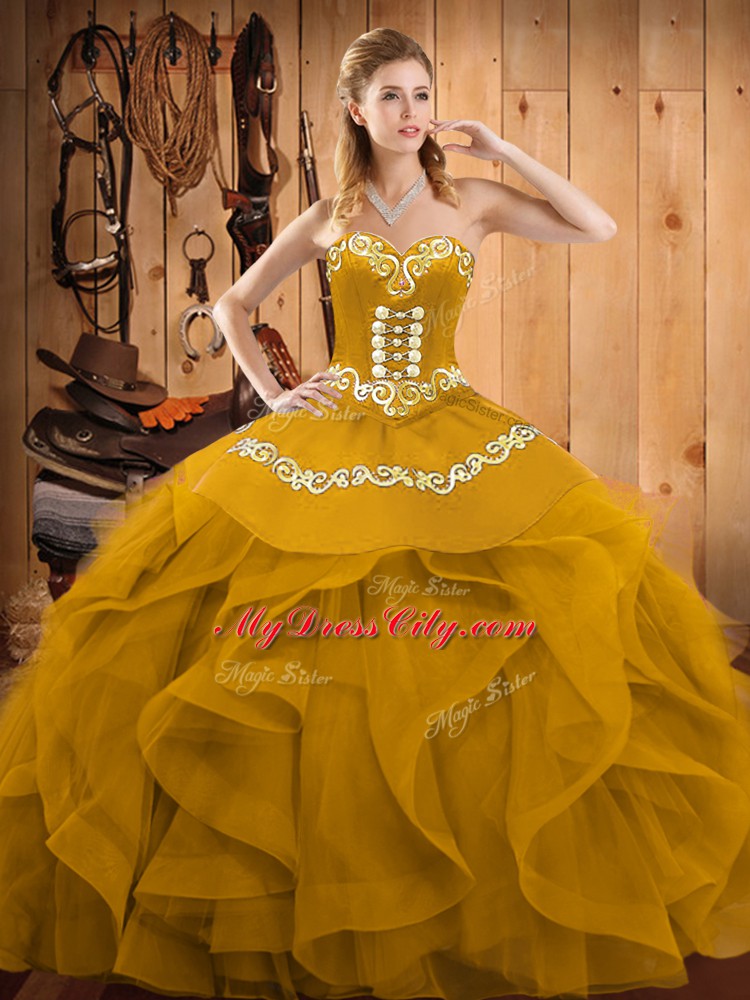 Free and Easy Floor Length Lace Up 15th Birthday Dress Gold for Military Ball and Sweet 16 and Quinceanera with Embroidery and Ruffles