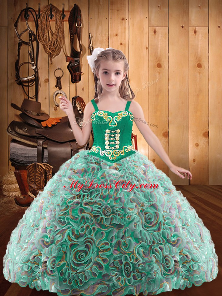 New Arrival Multi-color Lace Up Straps Embroidery and Ruffles Pageant Gowns For Girls Fabric With Rolling Flowers Sleeveless