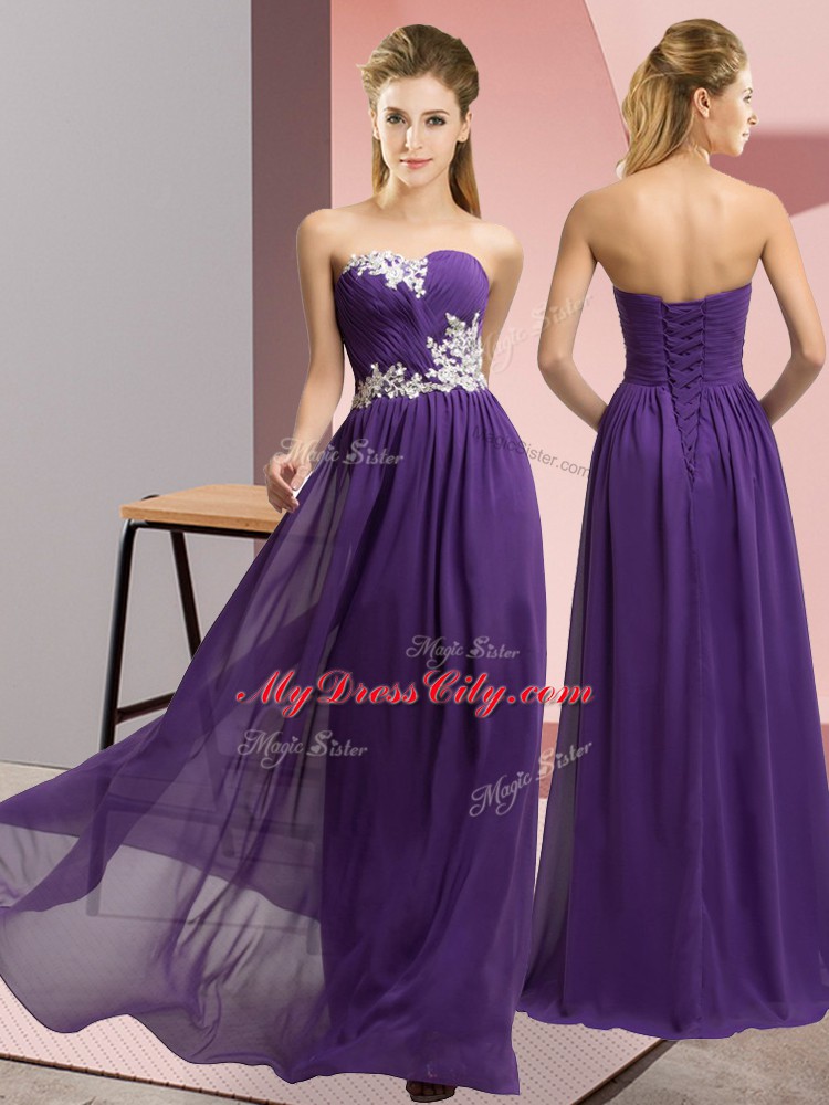 Sleeveless Chiffon Floor Length Lace Up Homecoming Dress in Purple with Appliques