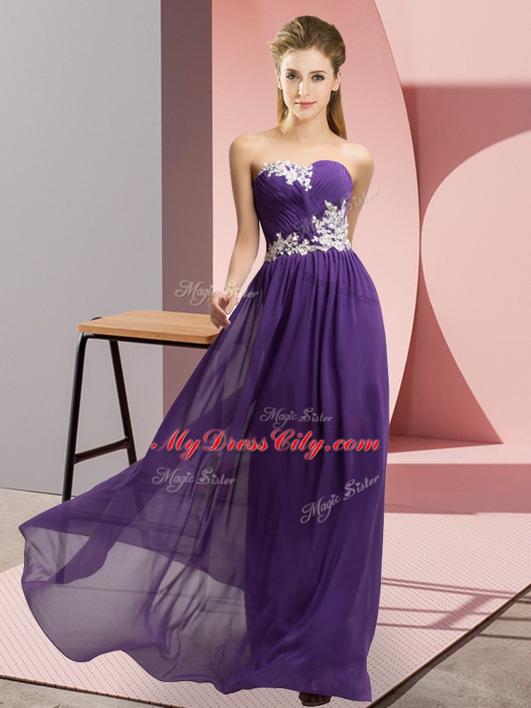 Sleeveless Chiffon Floor Length Lace Up Homecoming Dress in Purple with Appliques