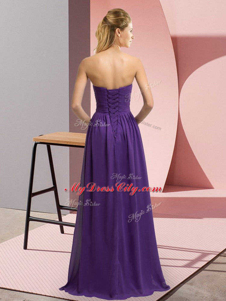 Sleeveless Chiffon Floor Length Lace Up Homecoming Dress in Purple with Appliques