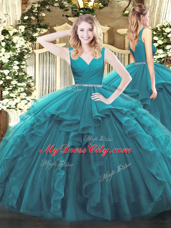 Delicate Teal Ball Gowns V-neck Sleeveless Tulle Floor Length Zipper Beading and Ruffles Quinceanera Gown