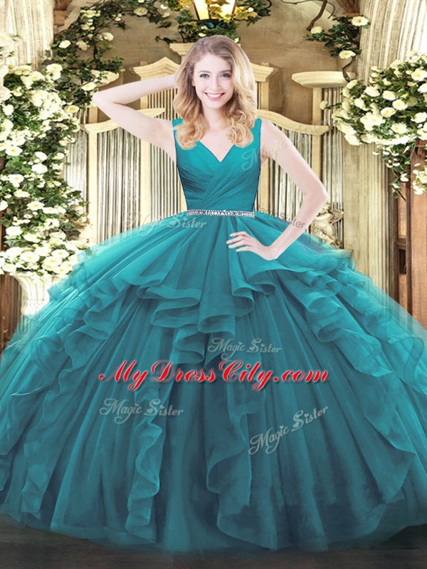 Delicate Teal Ball Gowns V-neck Sleeveless Tulle Floor Length Zipper Beading and Ruffles Quinceanera Gown