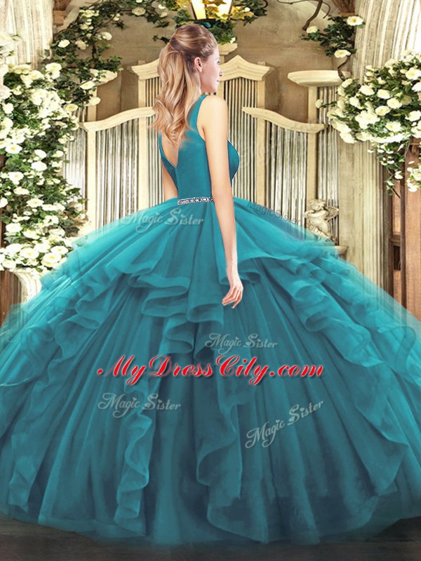 Delicate Teal Ball Gowns V-neck Sleeveless Tulle Floor Length Zipper Beading and Ruffles Quinceanera Gown