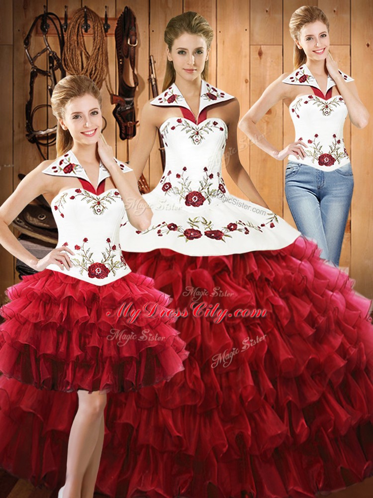 Halter Top Sleeveless Sweet 16 Dress Floor Length Embroidery and Ruffled Layers Wine Red Organza