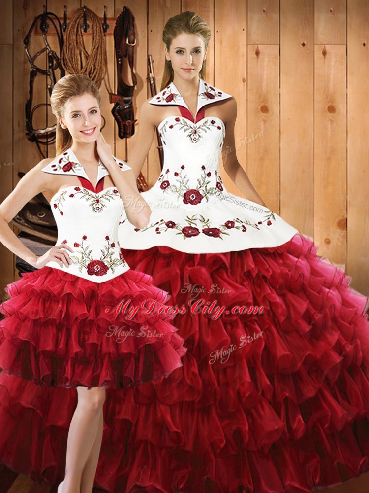 Halter Top Sleeveless Sweet 16 Dress Floor Length Embroidery and Ruffled Layers Wine Red Organza