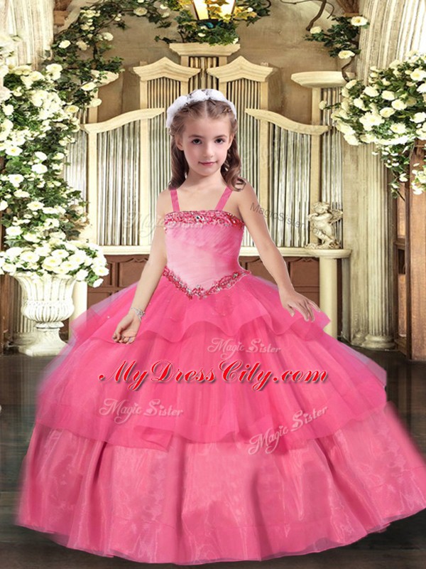 Lovely Hot Pink Ball Gowns Organza Straps Sleeveless Appliques and Ruffled Layers Floor Length Lace Up Pageant Dress