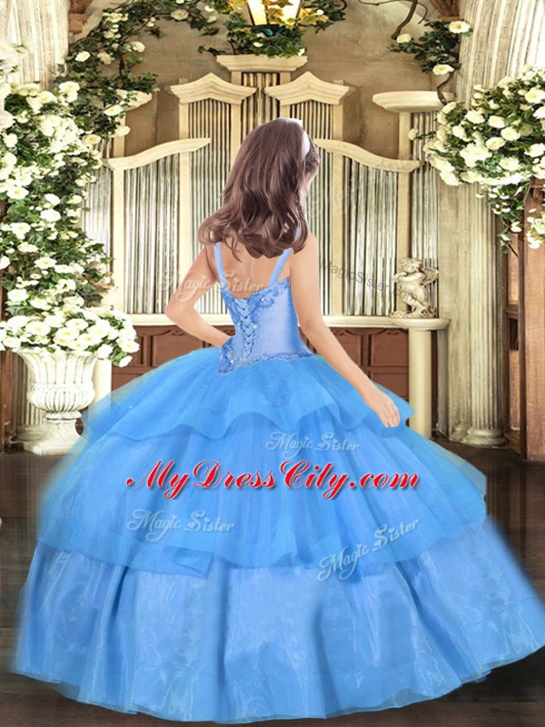 Lovely Hot Pink Ball Gowns Organza Straps Sleeveless Appliques and Ruffled Layers Floor Length Lace Up Pageant Dress