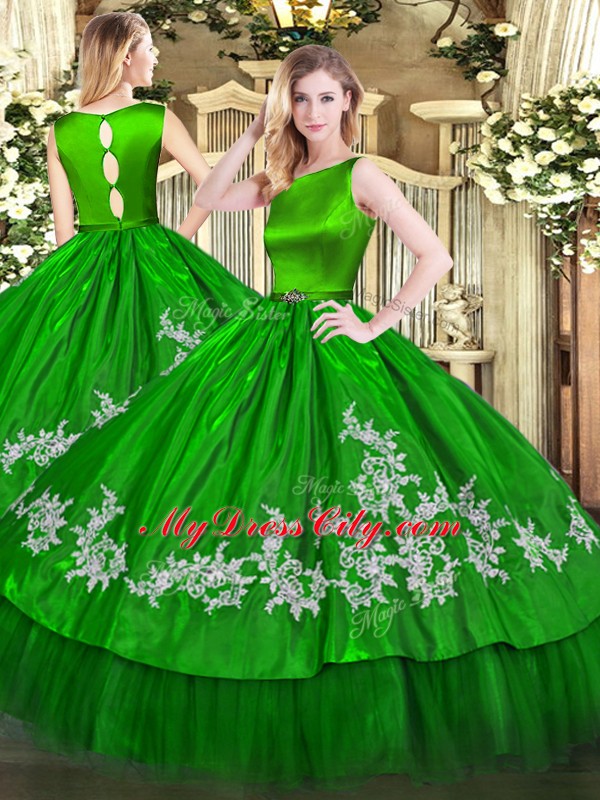 Ball Gowns Vestidos de Quinceanera Green Scoop Satin and Tulle Sleeveless Floor Length Clasp Handle