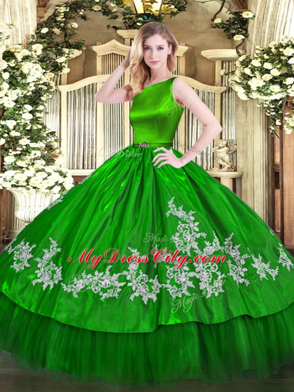 Ball Gowns Vestidos de Quinceanera Green Scoop Satin and Tulle Sleeveless Floor Length Clasp Handle