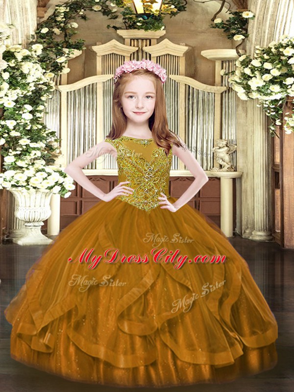 Brown Tulle Zipper Scoop Sleeveless Floor Length Girls Pageant Dresses Beading and Ruffles