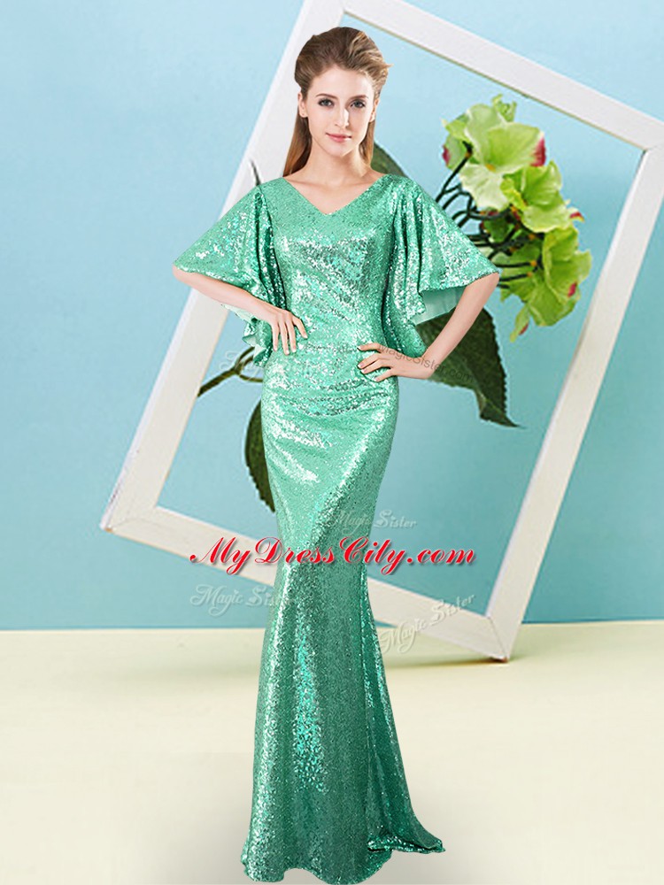 Dazzling Turquoise Mermaid Sequined V-neck Half Sleeves Sequins Floor Length Zipper Prom Evening Gown