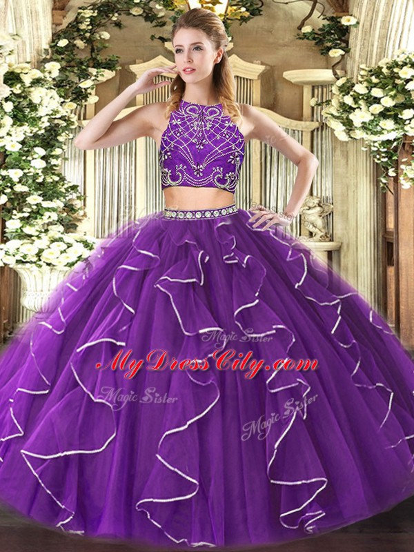 Hot Selling Sleeveless Tulle Floor Length Zipper Quinceanera Dresses in Purple with Beading and Ruffles