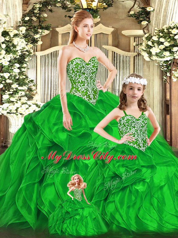 Smart Green Sleeveless Organza Lace Up Quince Ball Gowns for Military Ball and Sweet 16 and Quinceanera