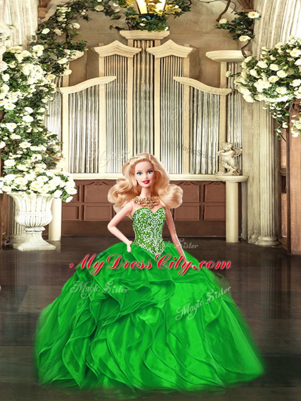 Smart Green Sleeveless Organza Lace Up Quince Ball Gowns for Military Ball and Sweet 16 and Quinceanera